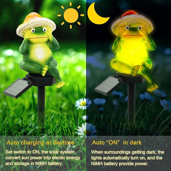 SmilingTown Solar Garden Lights Resin Warm White LED Figure Waterproof Decorations with Stake for Outdoor Yard Pathway Outside Patio Lawn Decor 2 Pack (Frog)