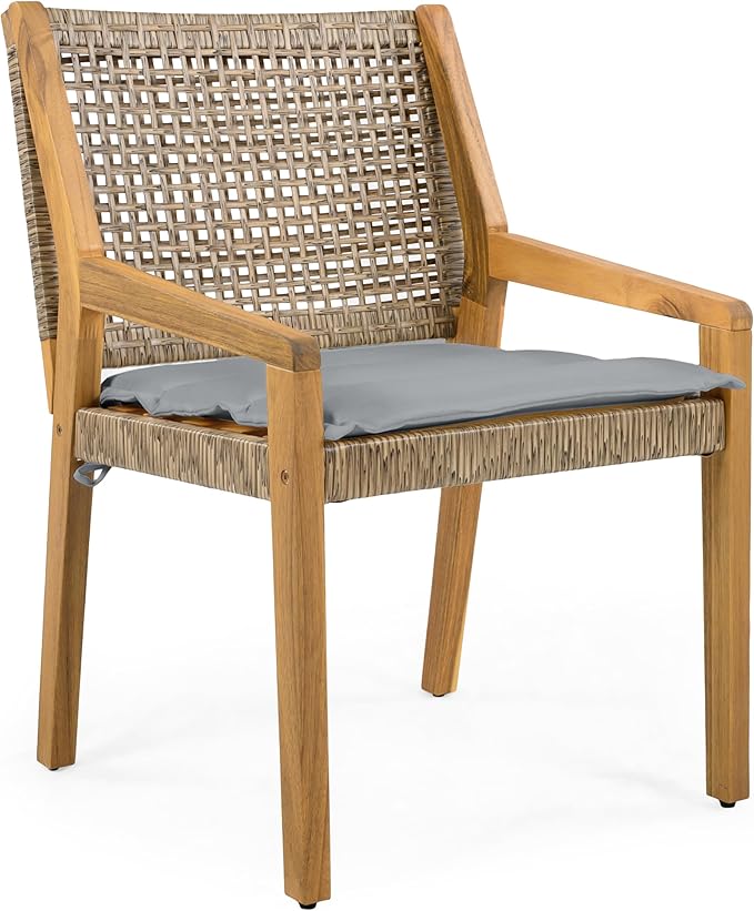 Christopher Knight Home Verle Wooden Patio Dining Set for 4, Acacia Wood Outdoor Dining Table Set for 4, 5 Piece Outdoor Dining Set with Round Table and Armchair with Seat Cushion, Teak+Grey