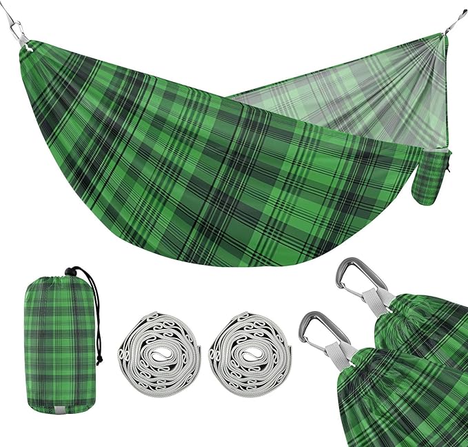 Hammocks for Outside Green Tartan with Black Lines Camping Hammock Portable Hammocks with Tree Straps and Carry Bag Camping Accessories for Hiking Beach Outdoor