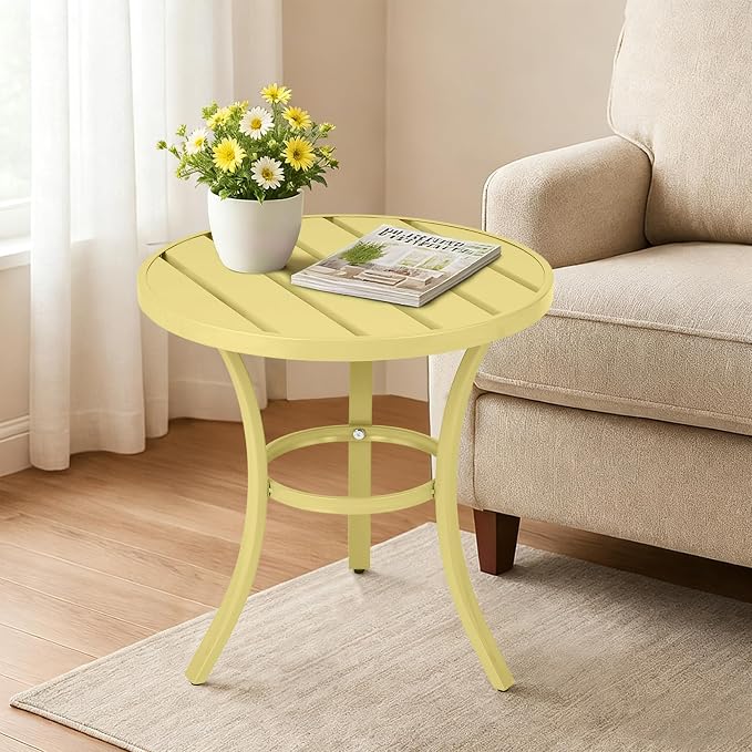 19.9" Metal Outdoor Round Side Table, Patio Side Table End Table for Porch Backyard Balcony Outside (Light Yellow)