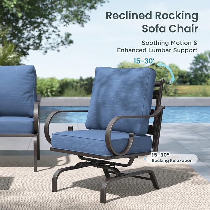 PHI VILLA Patio Furniture Set, 3-Seater Sofa, 2 Fixed Chairs, 2 Rocking Chairs and a Coffee Table, Outdoor Metal Conversation Set with 5.75" Extra Thick Cushion for Garden Backyard Deck, Navy
