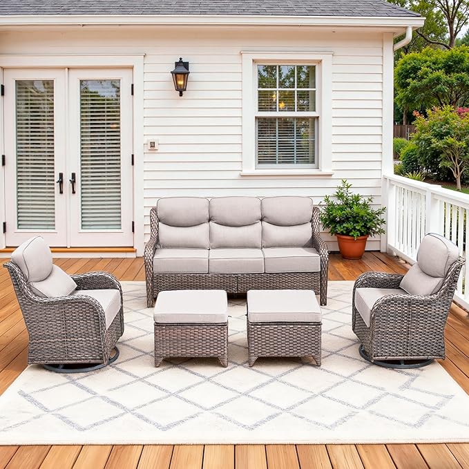 Luxury High Back Patio Furniture Set with 6-Inch Thick Cushions, 5-Pieces Outdoor Furniture with Swivel Chairs, Wicker Conversation Set for Porch, Balcony, Deck and Yard, Brown/Beige