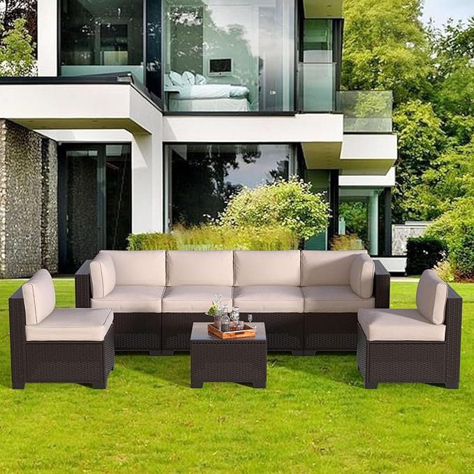 7 Piece Patio Furniture Set, Wicker Patio Conversation Sets, Outdoor Sectional Furniture with Tempered Glass Table, for Backyard, Deck, Garden, Dark Brown Rattan & Khaki Cushions