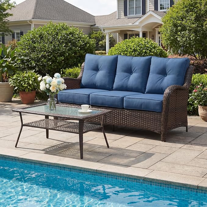 Luxury Patio Conversation Set, 2-Piece Ergonomic High Back Wicker Sofa Set with 6-Inch Deep Seating Cushions, Large Patio Furniture Set for Garden, Deck & Balcony, Navy Blue