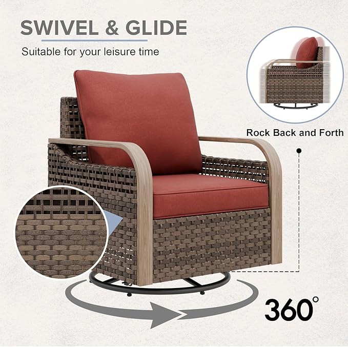 COOS BAY Modern Wicker Outdoor Furniture Set, 8 Piece Patio Conversation Set with 2 Swivel Rockers, 2 Patio Chairs, a 3 Seat Couch, a Loveseat, Coffee Table and Side Table, 8 Piece, Brown/Red