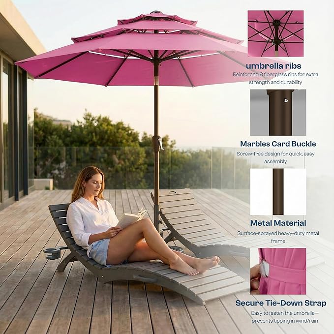10ft Patio Umbrella, 3 Tier Outdoor Market Table Umbrellas with 8 Fiberglass Ribs and Push Button Tilt, Windproof, Vented Canopy, UV Protection for Deck, Pool, Backyard