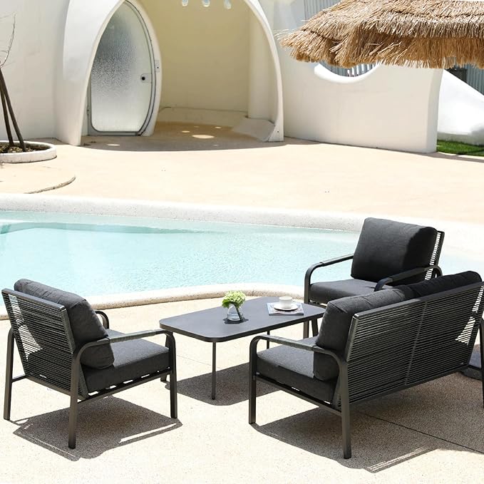 Aluminum Outdoor Patio Furniture Set,4-Piece Sectional Sofa with Coffee Table,Washable Thick Cushions,Modern Patio Conversation Set for Backyard,Garden,Porch,Balcony,Deck,Gray