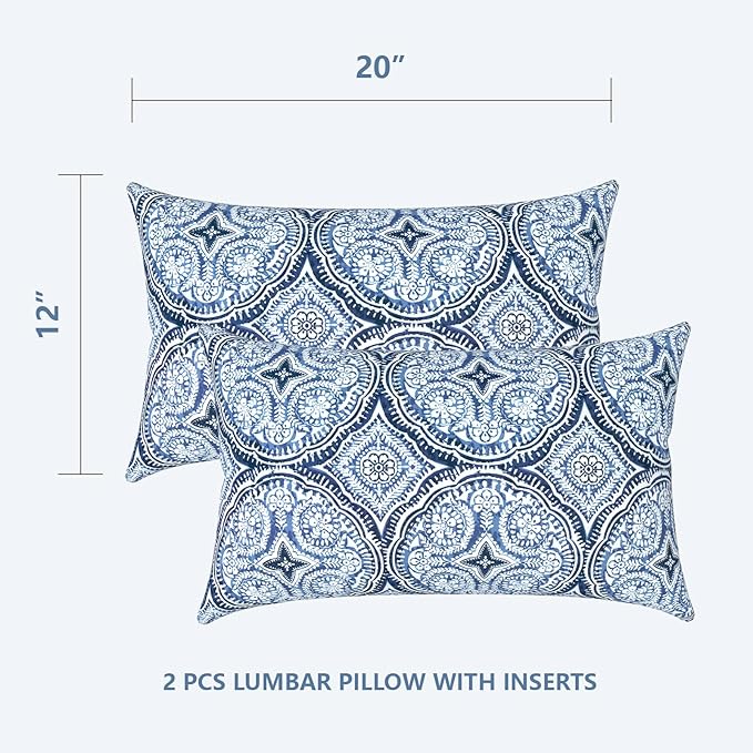LVTLVTXIII 12×20 Inch Outdoor Lumbar Pillows, Pack of 2 Water Repellent Lumbar Pillow with Inserts, Fluffy Decorative Garden Lumbar Cushions for Home Patio Coach Sofa Use, Medallion Blue