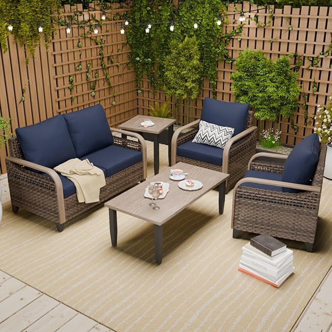 COOS BAY Modern Wicker Outdoor Furniture Set, 5 Piece Patio Conversation Set with 2 Patio Chairs, a Loveseat, Coffee Table and Side Table, 5 Piece, Brown/Blue