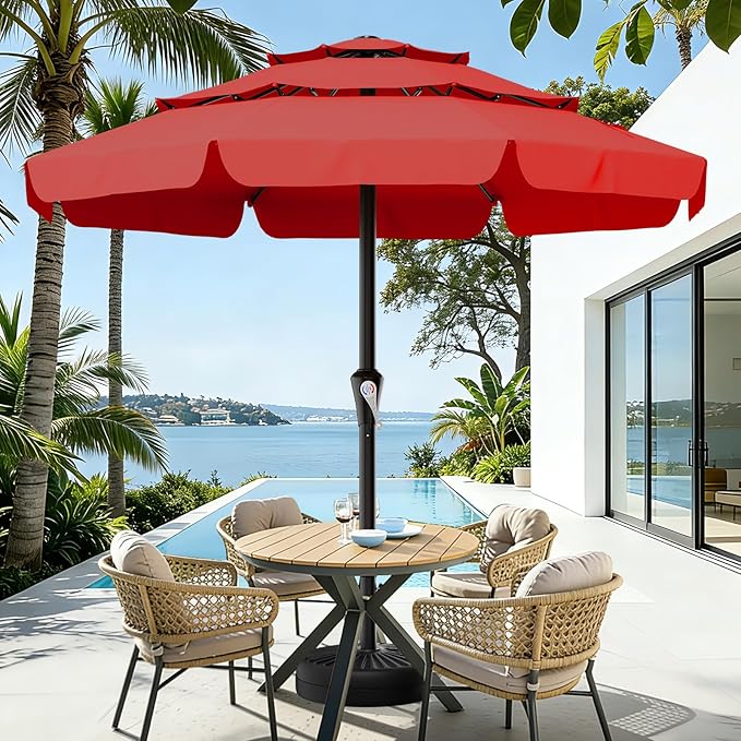 AreShark 11FT 3-Tiers Patio Umbrella with Valance, Outdoor with Crank, Large Outdoor Market Umbrellas Vented with 8 Sturdy Ribs, Patio Table Umbrellas for Garden, Deck, Backyard, Pool, Red