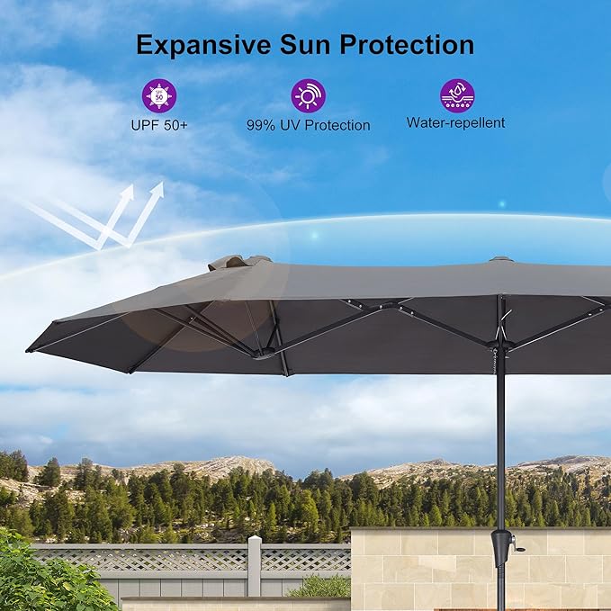 PURPLE LEAF 13ft Double-Sided Patio Umbrella with Base Included Market Rectangle Umbrella Outdoor Table Umbrella with Crank for Pool Garden Deck, Grey