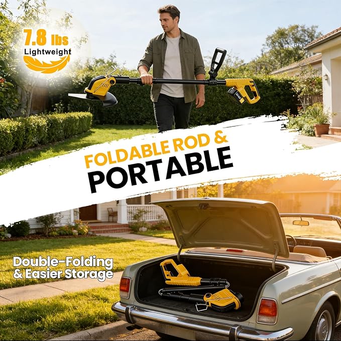21V 800W Brushless Cordless Weed Wacker, 12 Inch Electric Weed Eater with Wheels, 2×3000mAh Batteries Included & 4 Cutting Blades for Lawn Garden Yard Maintenance