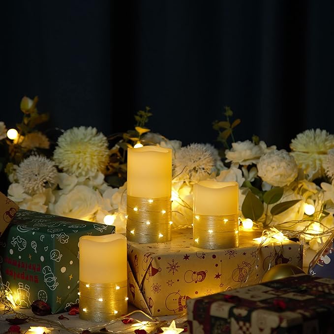 H-BLOSSOM Flickering Flameless Candles Ivory Real Wax Pillar with Embedded String Lights LED Candles Battery Operated with 10 Key Remote and Cycling 5H Timer Set of 3 (3" x 4"/5"/6") (Gold)