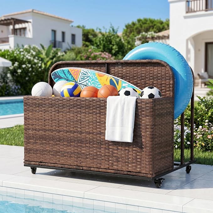 Rattan Outdoor Pool Float Storage Basket, Rolling Toy Caddy with Wheels, Patio Furniture Organizer Wicker Box Pool Storage Bin for Floaties, Noodles, Life Vests, Beach Balls