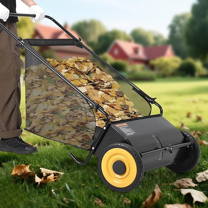 Takywep 26-Inch Push Lawn Sweeper, Anti-Rust Steel Frame, 4 High-Density Brushes, Adjustable Height, 7 Cu.Ft Collection Bag, Black with Wheel Covers & Yellow Crossbar for Yard Debris
