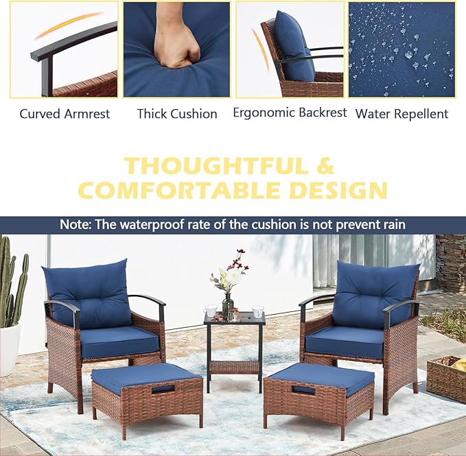 AVAWING 5 PCS Outdoor Rattan Furniture Set, Wicker Conversation Sets W/Metal Coffee Table and Soft Cushions, Patio Chairs with Ottomans for Garden, Porch, Balcony and Deck (Blue)