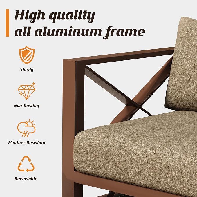 Aluminum Outdoor Patio Furniture Set with 5.2" Thick Cushions, 11-Piece Outdoor Sectional with Ottomans, Patio Conversation Sets for Backyard,(Brown,5 Seats)