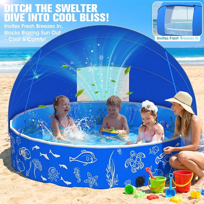 FizZeal Kiddie Pool with Canopy, 50in Foldable Toddler Pool,Pop Up Baby Pool with Shade,UPF 50+UV Portable Swimming Pool for Kids,Collapsible Baby Pool for Beach, Outdoor Toddler Pool for Backyard