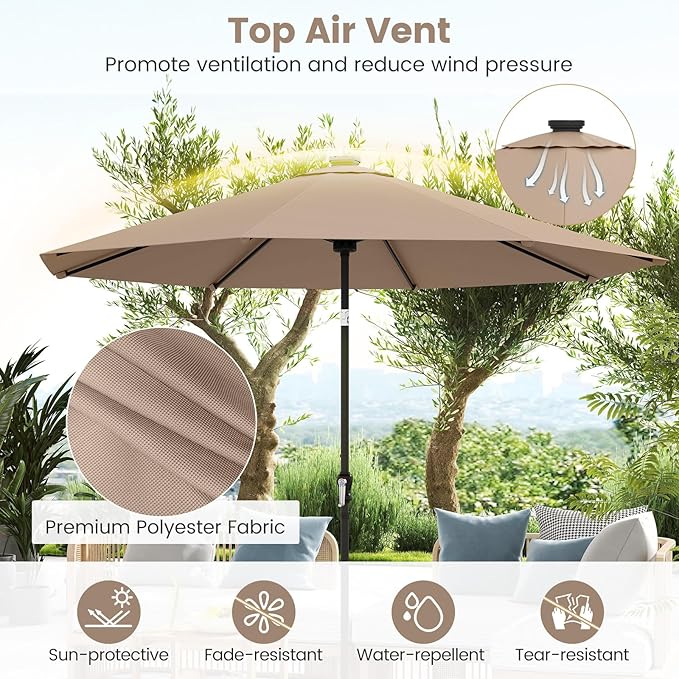 Tangkula 10 FT Solar Patio Umbrella, Outdoor Market Table Umbrella with 96 Multi-Colored Flowing LED Lights, 9 Modes, Tilt Adjustment, Crank Handle, 8 Ribs, Vented Top for Backyard Poolside Deck Lawn (Tan)
