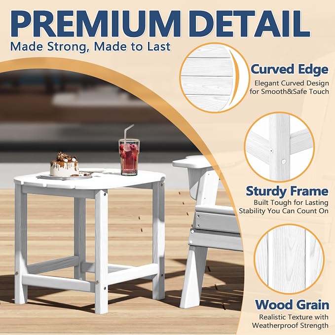 Outdoor 18" HDPE Side Table for Patio Porch Pool, Weather Resistant Standard End Table for Backyard and Indoor, Easy Maintenance & Indoor Outdoor Durable Construction(White)