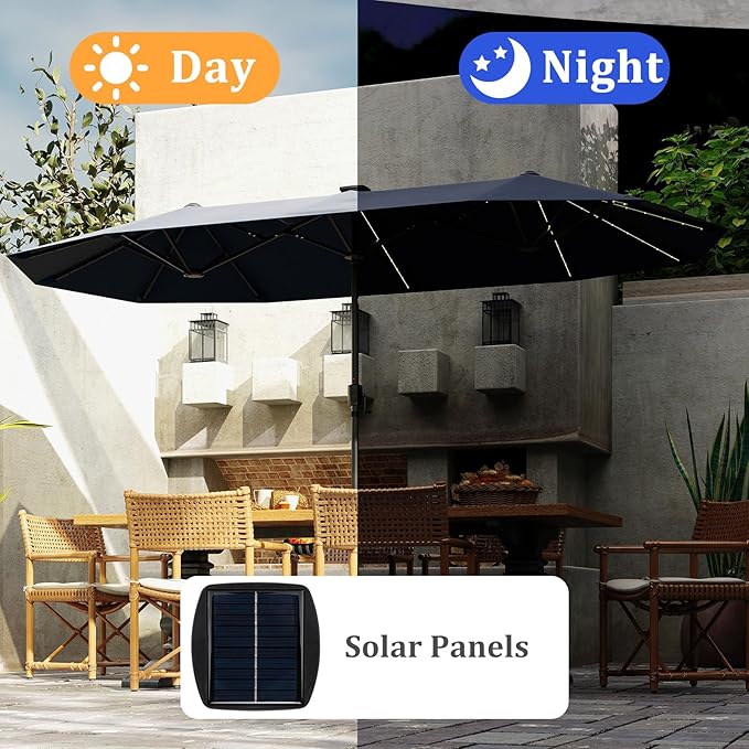 HAPPYGRILL 13 FT Double-sided Patio Umbrella with Solar Lights, Crank Handle & 12 Heavy-Duty Ribs, Outdoor Twin Size Oversized Rectangle Market Umbrella for Garden Deck Poolside