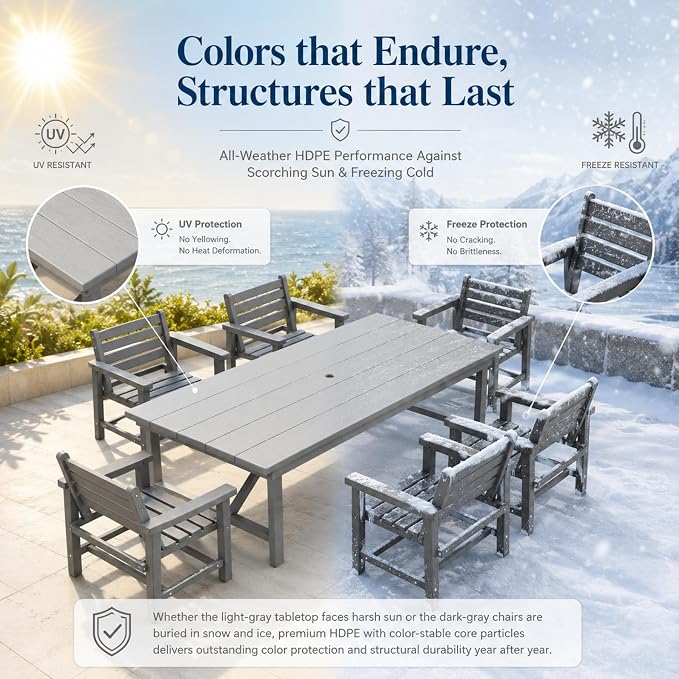 7-Piece Two-Tone Gray Patio Dining Table Sets, All-Weather HDPE Outdoor Furniture Set with Umbrella Hole, Light Gray Rectangular Table and 6 Dark Gray Chairs for Backyard Deck Garden