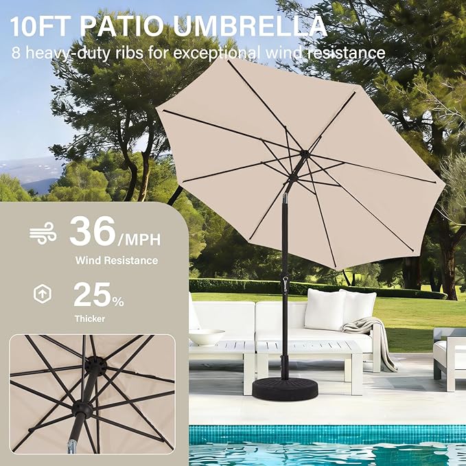 MEWAY 10ft Patio Umbrella Outdoor Table Umbrellas with Push Button Tilt and Crank, Market Umbrella 8 Sturdy Ribs for Deck, Garden, Pool and Backyard, Beige