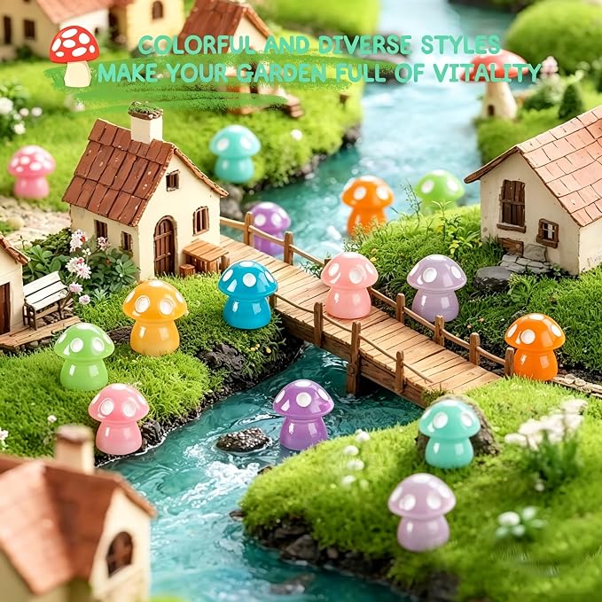 120pcs Luminous Mini Resin Mushroom 15 Colors Glow in The Dark Tiny Little Figures to Hide Small Mushrooms for Micro Fairy Garden Landscape Aquarium Accessories Dollhouse Hide Crafts Decor