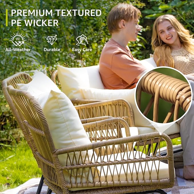 BULEXYARD 3 Pcs Boho Outdoor Patio Furniture Sets, L Shaped Natural Color Wicker Conversation Sectional Sofa w/Cozy Beige Cushion & Ice Bucket for Backyard, Porch, Deck, Garden, Balcony