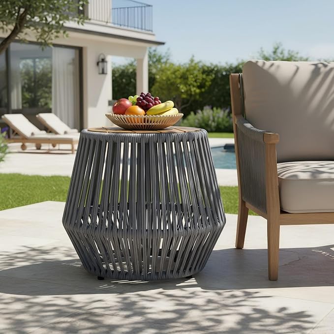 Christopher Knight Home Norshire Outdoor Side Table with Rope Base, Acacia Wood End Table, Round Patio Table, Accent Table for Garden Balcony Poolside and Indoor Use, Garden Stool, Beige+Light Teak