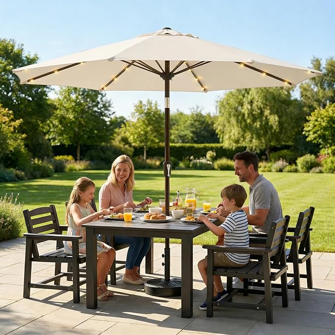10FT Solar Lighted Patio Umbrella, Outdoor Table Market Umbrellas with Push Button Tilt and Crank, 32 LED Lights, 8 Sturdy Ribs, UV-Resistant for Deck, Garden, Pool