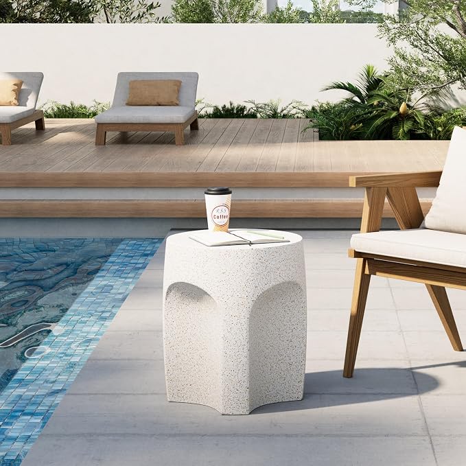 HOMPUS Outdoor Side Table w Arch Shape, Unique Patio End Table, Round MgO Coffee Lightweight Concrete Accent, Modern Vintage Garden Plant Stand for Indoor Outdoor Use, White