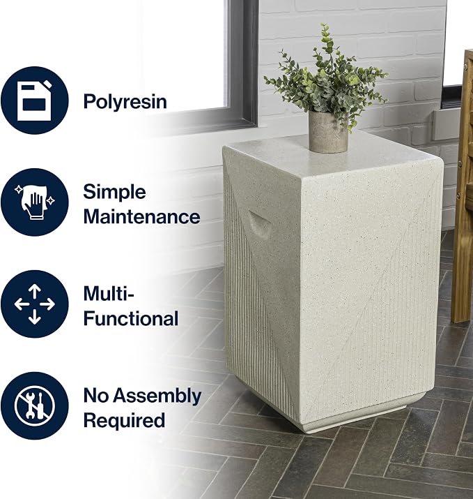 JONATHAN Y Adrian Polyresin Outdoor Side Table and Garden Stool, 21" Weather Resistant Geometric Fluted Accent Table for Patio, Porch, Deck, Cream Terrazzo TBL1104A