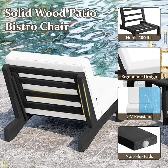 Pia Ricoo 3 Piece Patio Bistro Set with Patio Chairs and Table, Heavy Duty Wood Patio Furniture Set, All-Weather Outdoor Chairs for Balcony, Deck, Poolside, Porch - Beige/Dark