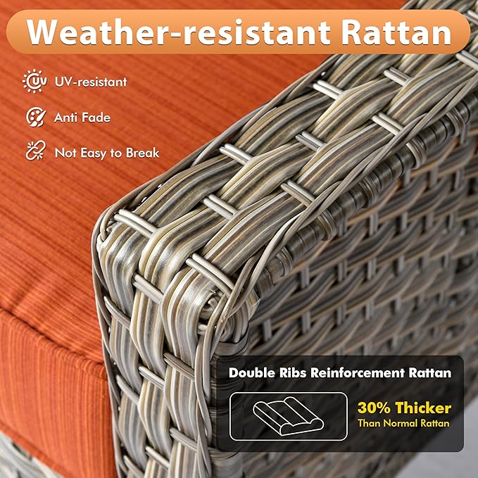 Outdoor Patio Furniture Sets, 8 PCS Patio Conversation Set Outside Rattan Sofa with 54 in Fire Pit Table Comfy Cushions Fit Backyard Porch Garden Poolside Balcony,Coarse Stripes Red