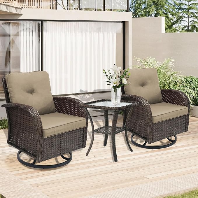 YLGJ&TIDY Outdoor Furniture Swivel Rocker Chairs 3PC Bistro Set 2 Brown Wicker Patio Glider Armchairs with Side Table Cushions Rocking Sofa for Porch Balcony Backyard Deck (Khaki, 3PCS Swivel/Table)