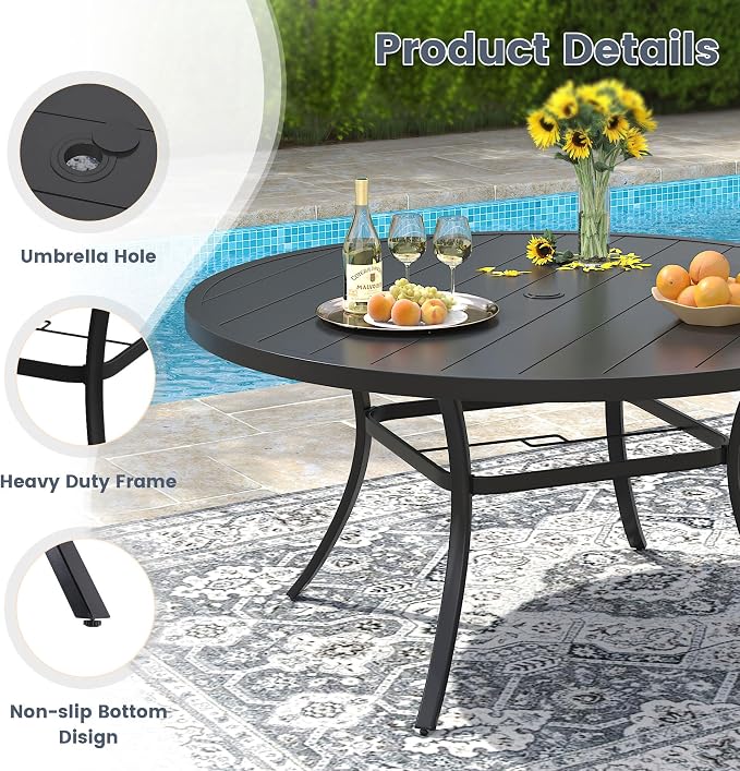 VICLLAX 53" Round Patio Dining Table for 6-8, Metal Outdoor Dining Table with Umbrella Hole for Garden, Patio, Balcony, Black