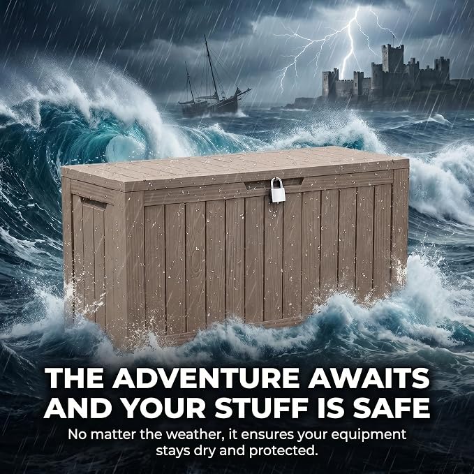 LAUSAINT HOME 120 Gallon Outdoor Deck Box, Waterproof Resin Storage Box with Lock, Patio Cushion Storage, Garden Tool Organizer, Pool Storage Container, Outdoor Storage Bench, Light Brown