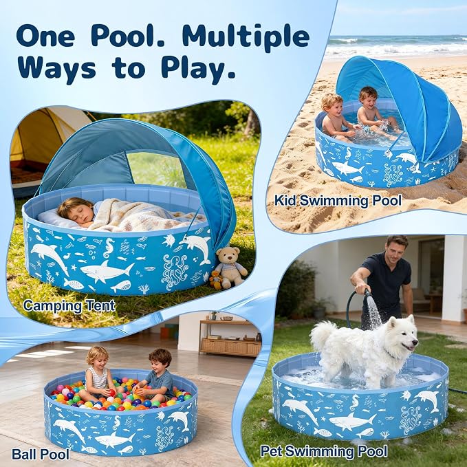 63” Extra Large Kiddie Pool with Canopy, EPN UPF 50+ Sun Shade Baby Pool, No Inflation Foldable Toddler Pool for Backyard Outdoor & Beach, Portable Thickened PVC BPA-Free Kids Water Play Pool, Blue