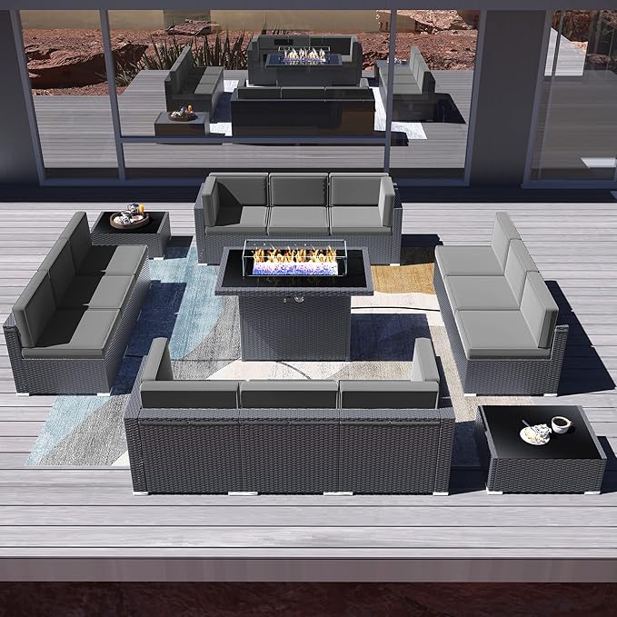 15 Pieces Patio Furniture Set with 44" Propane Gas Fire Pit Table, Outdoor Sectional Wicker Conversation Sofa Sets with Coffee Table