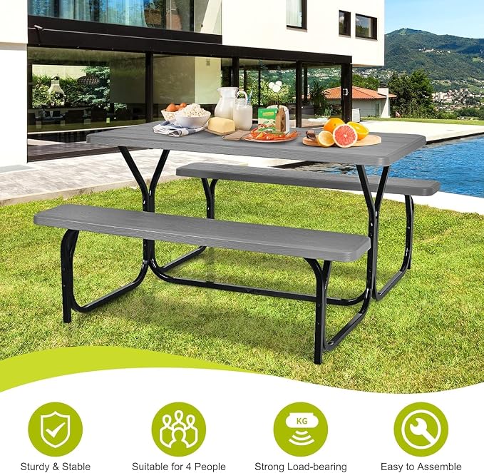 Picnic Table, Outdoor Table Bench Set with Metal Frame & Wood-Like Texture, Large Picnic Table with All Weather-Resistant Tabletop, Camping Picnic Tables for Patio, Lawn, Dining Party, Grey