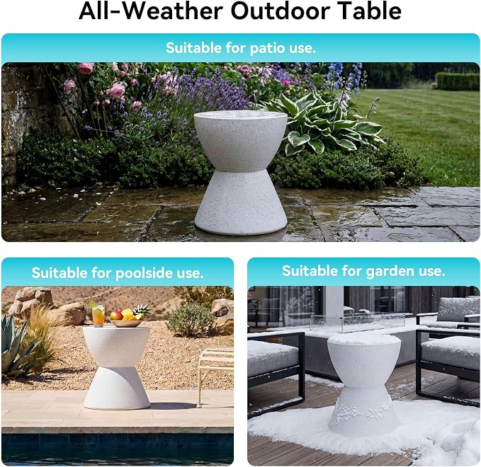 COSIEST Outdoor Drum Side Table, 19" Modern Concrete Hourglass End Table for Patio, Small Round Outside Accent Table & Plant Stand for Garden, Porch, Deck, Balcony，White