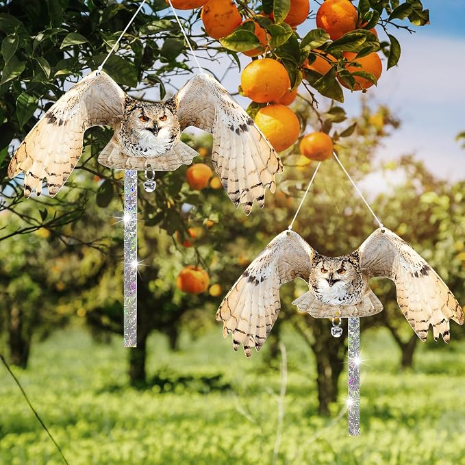 Owls to Keep Birds Away: 2Pcs Fake Owl with Reflective Tape for Garden Patio, Reflective Hanging Decoration to Keep Birds Pigeon from Windows Tree
