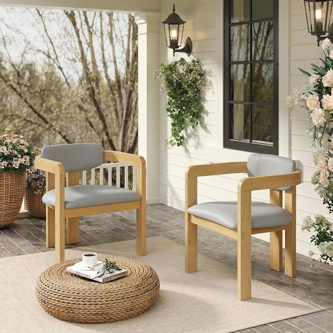 Merax Outdoor Acacia Wood Dining Chairs Set of 2, Modern Solid Wood Patio Chairs with Grey Cushions & Backrest, Outdoor Armchairs Seating Furntiure for Patio Garden Balcony Backyard