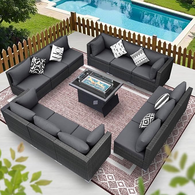 BULEXYARD 13 Piece High Back Outdoor Furniture Sets with Fire Pit, Luxury Patio Sectional Couch Sofa 12-Seater Modular, Comfortable Extra Large Wide Deep Backyard Seating Conversation Set, Dark Grey