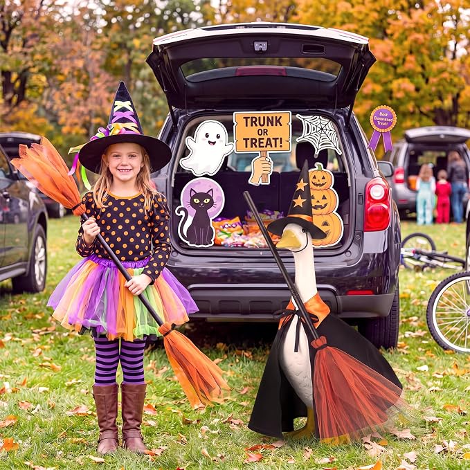 Halloween Porch Goose Outfit Goose Dress Witch Clothes with Broom and Hat Costume for 23" Gooses Statue Decoration Patio Yard Garden Lawn Outdoor Decors