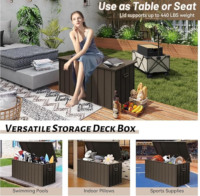 190 Gallon Metal Deck Box, Waterproof Steel Outdoor Box, Large Patio Furniture Storage Cabinet, Lockable Storage Bench for Porch Package Delivery, Pillows, Cushions, Pool, Tools, Backyard, Brown