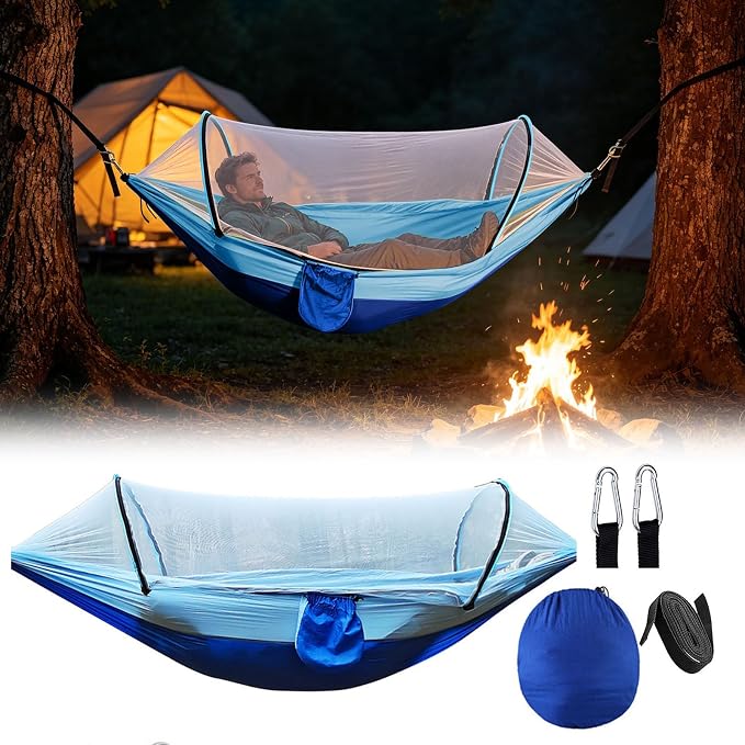 Heavy Duty Hammock with Mosquito Net–Canvas Hammock, Fade-Resistant Cotton Lounger, Roll-Free Comfort Design, Easy Setup for Backyard, Porch, Garden, Camping, Travel (Light Blue)