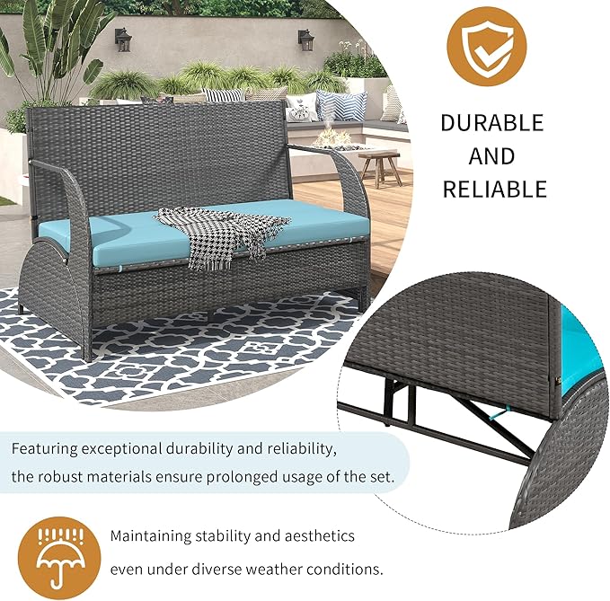 Merax Outdoor Rattan Loveseat, Patio Conversation Sets, Convertible to Four Seats with Table Sofa for Backyard, Garden and Lawn, Blue