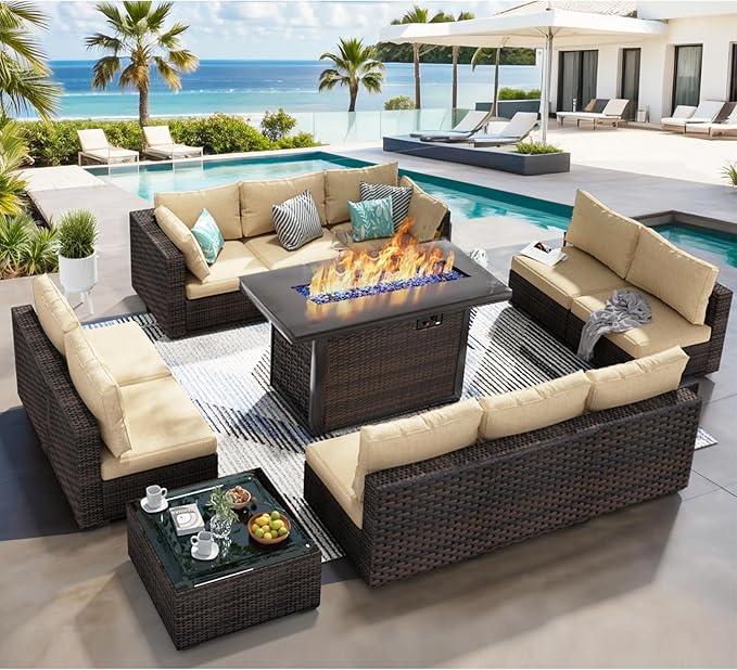 12 Piece Patio Furniture Set with Fire Pit Table All Weather PE Rattan Outdoor Sectional Sofa Couch with No-Slip Cushions and Glass Top Table for Garden, Poolside, Backyard (Beige)